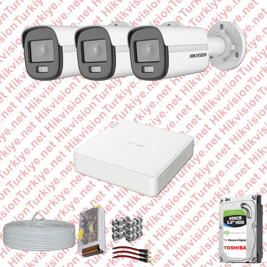 Hikvision Colorvu Gece Renkli 03 Kameralı Set 500GB Hdd